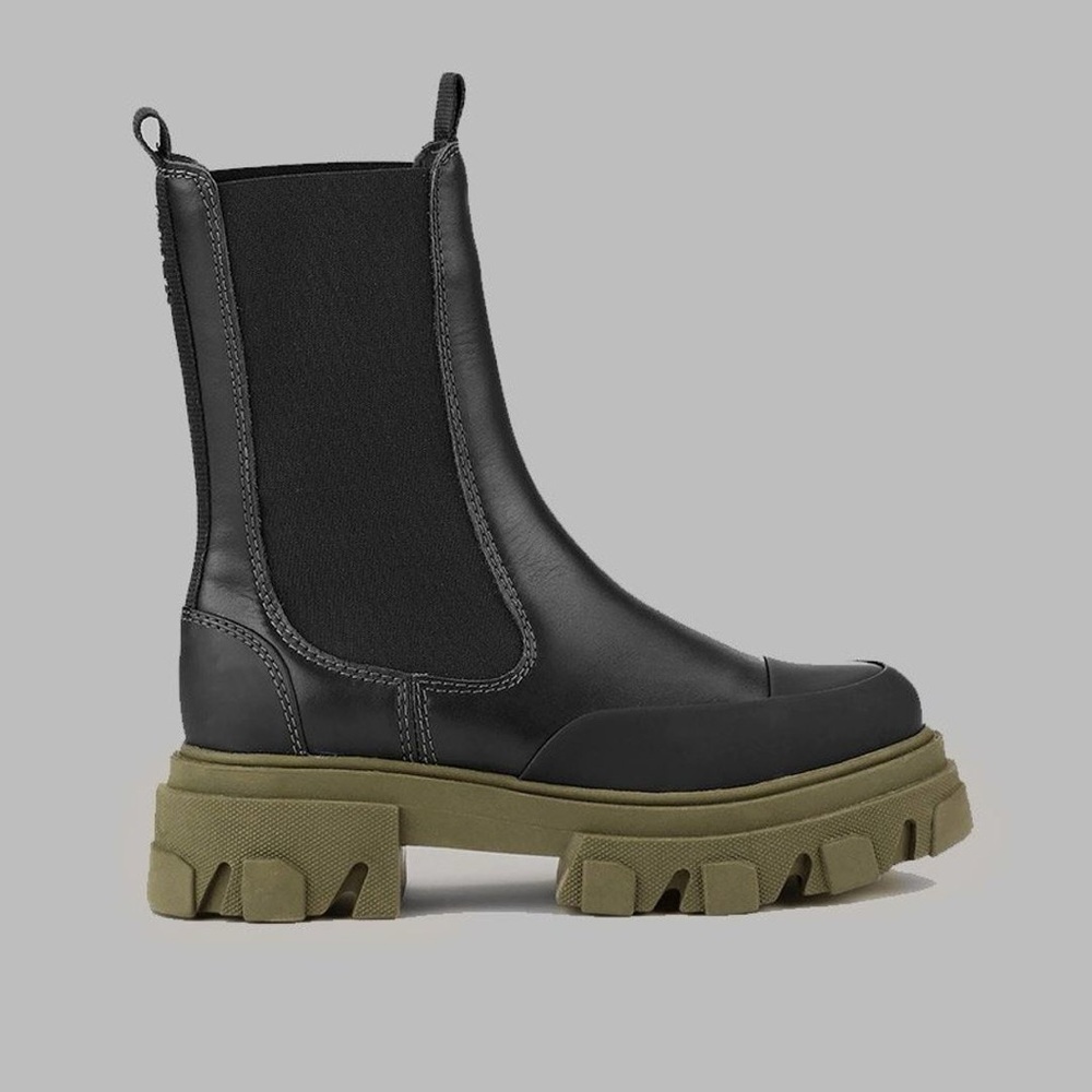 Ganni Black Leather Chelsea Combat Boots with Olive Lug Sole
